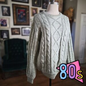 Vintage 80s London Fog Cable Knit Sweater Light Blue Crew Neck Long Sleeve